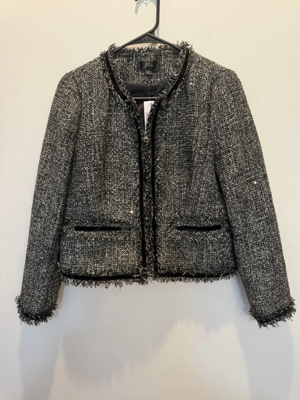 J. Crew Lady Metallic Black & White Tweed Fringe Collarless Blazer - Picture 3 of 8